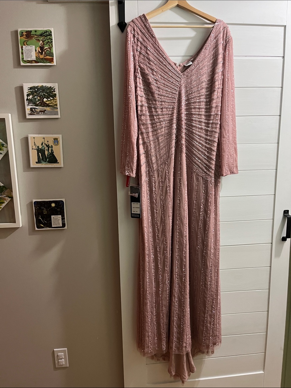 LARA Dusty Rose Long-Sleeve V-Neck Beaded Gown
